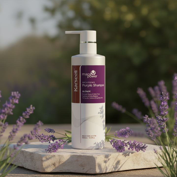 Maca Power Purple Shampoo in soft outdoor light with lavender flowers