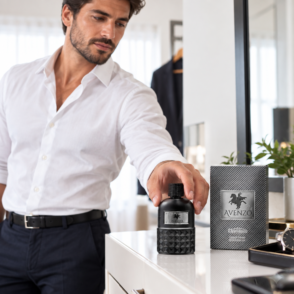 Man reaching for Deomania Avenzo perfume during grooming routine