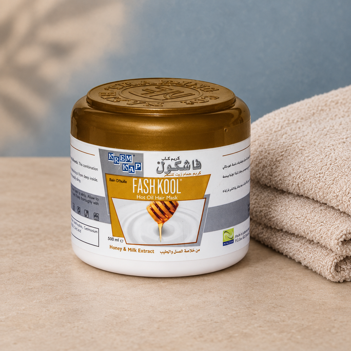 Fashkool Honey and Milk hair mask beside linen towel