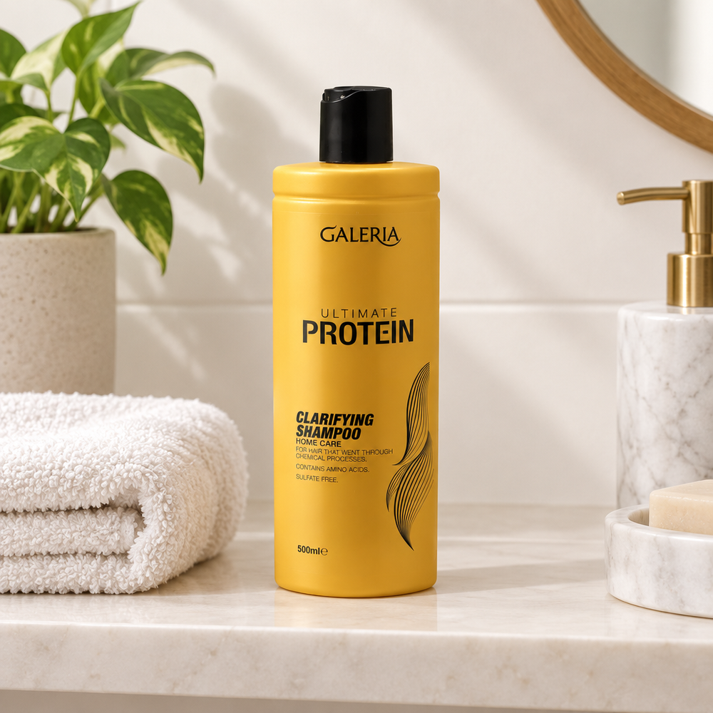 Galeria clarifying shampoo on bathroom shelf