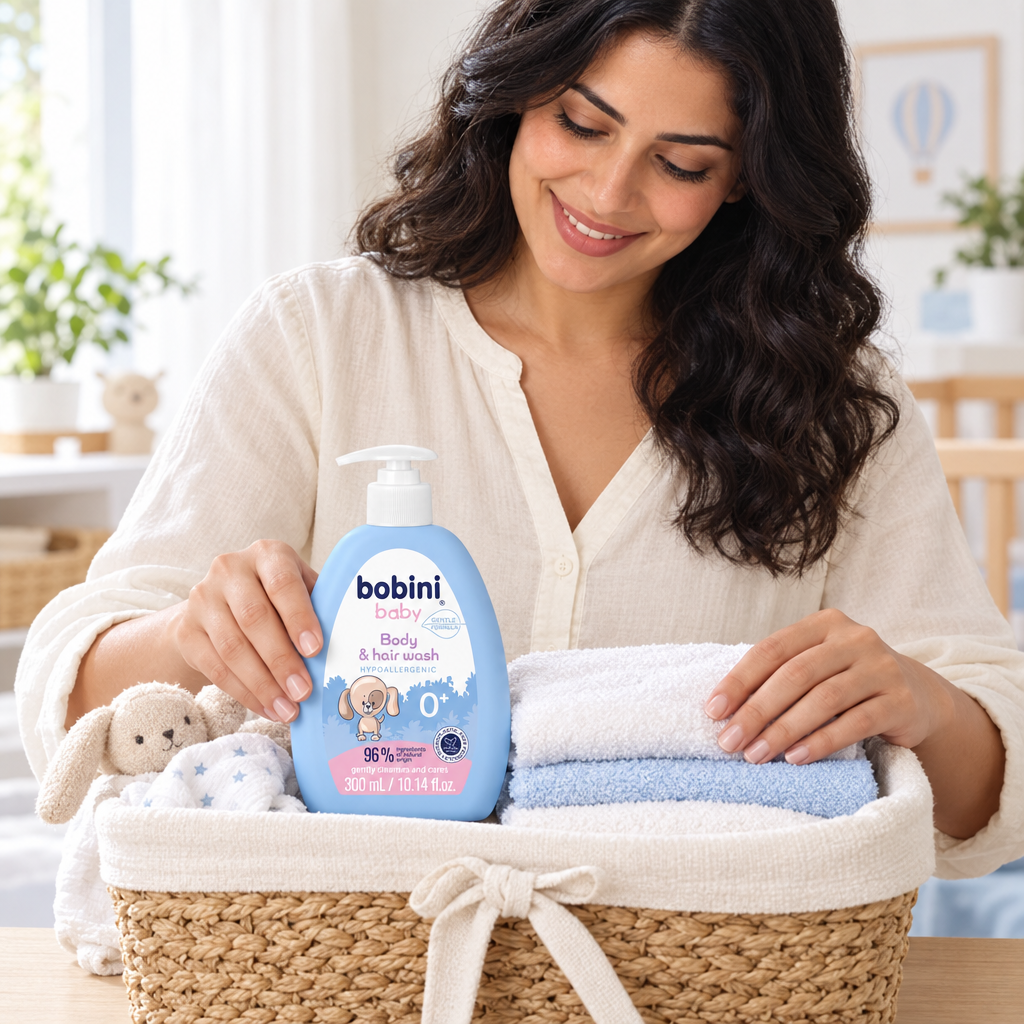 Egyptian-style mother preparing baby care basket with Bobini wash