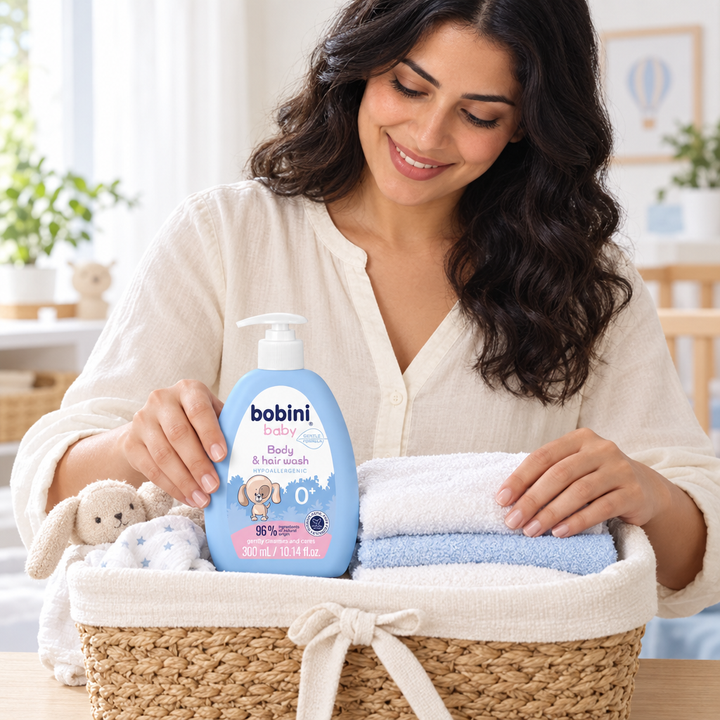 Egyptian-style mother preparing baby care basket with Bobini wash