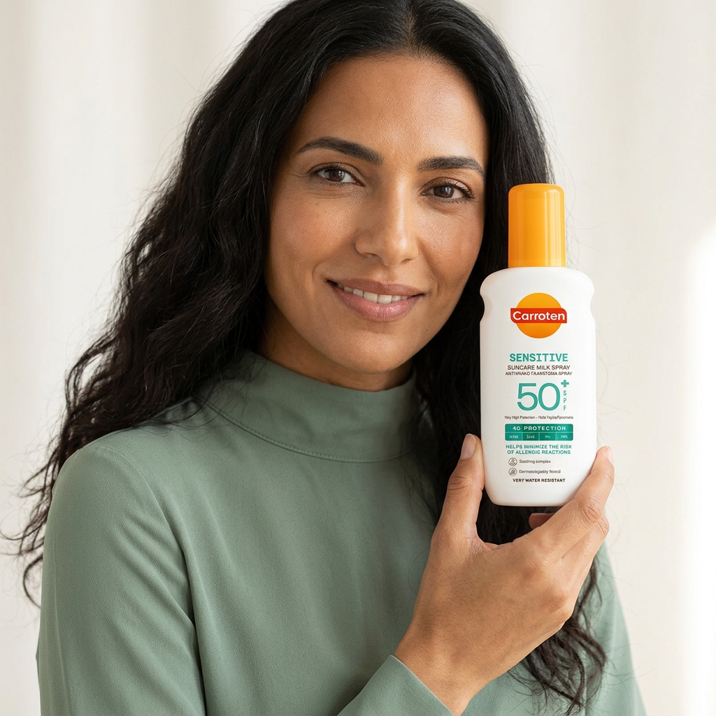 Close-up model holding Carroten Sensitive SPF50+ 200ml